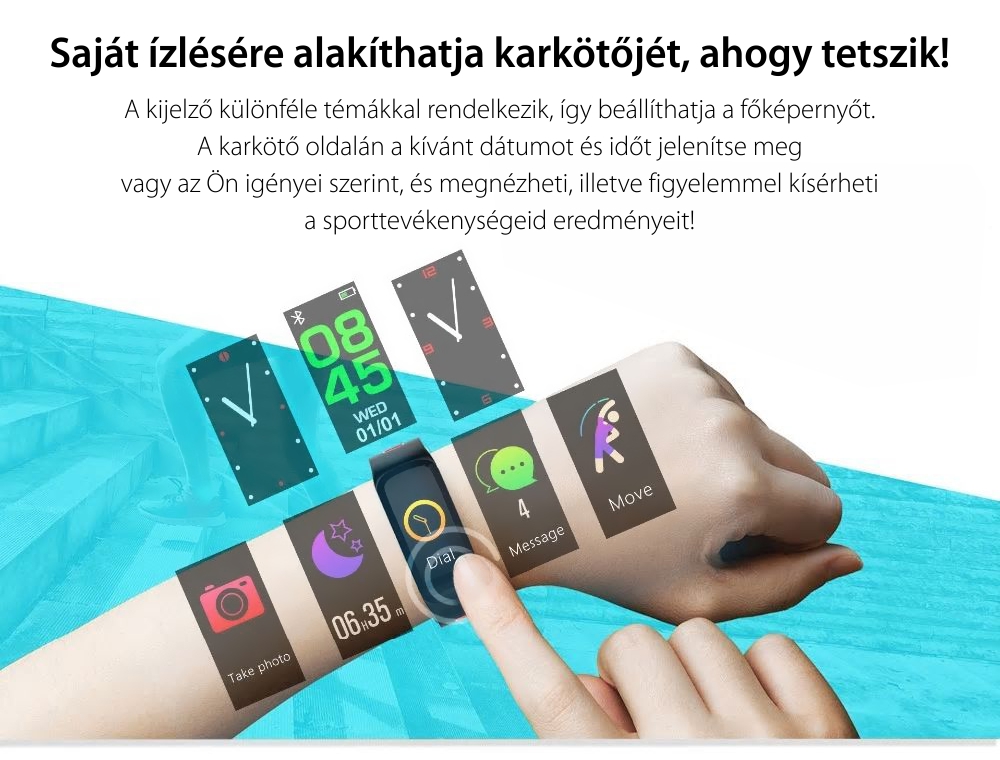 Intelligens fitnesz karkötő TKY-F4 Pulzusmérő funkció, Vérnyomásmérő funkció, Oxigénszint mérő, Alvásfigyelés, Lépésszámláló, Értesítések, Fekete