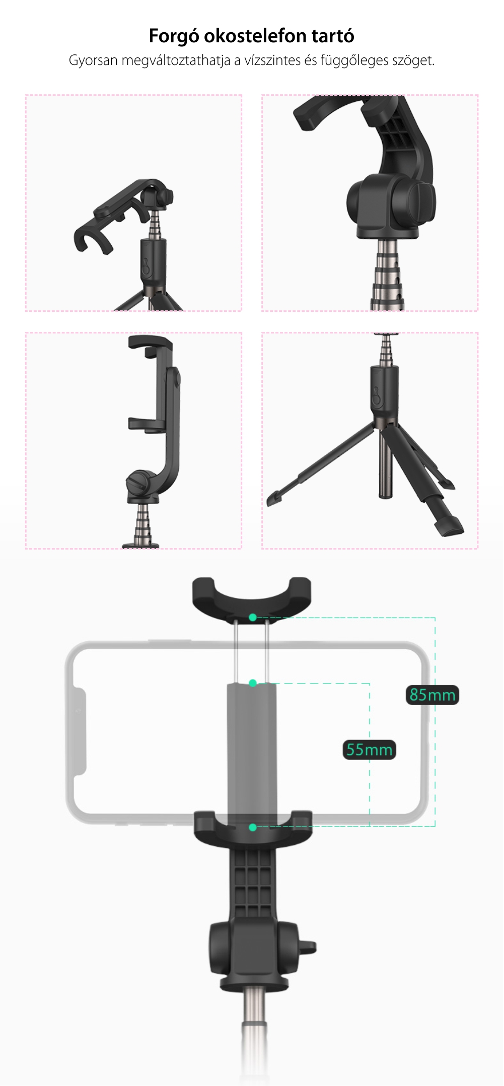 Szelfibot BlitzWolf BW-BS5 Pink, Állvány, Multifunkcionális, 3 az 1-ben, Bluetooth, Távirányító