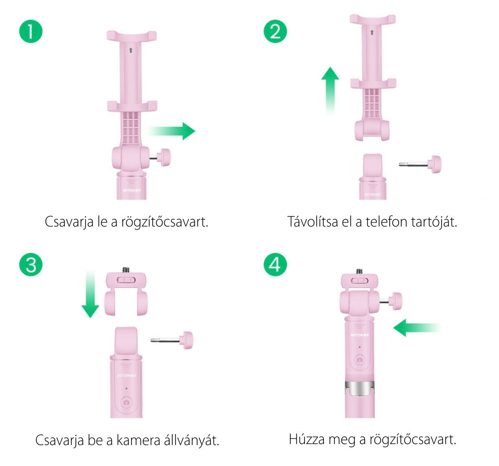 Szelfibot BlitzWolf BW-BS5 Pink, Állvány, Multifunkcionális, 3 az 1-ben, Bluetooth, Távirányító