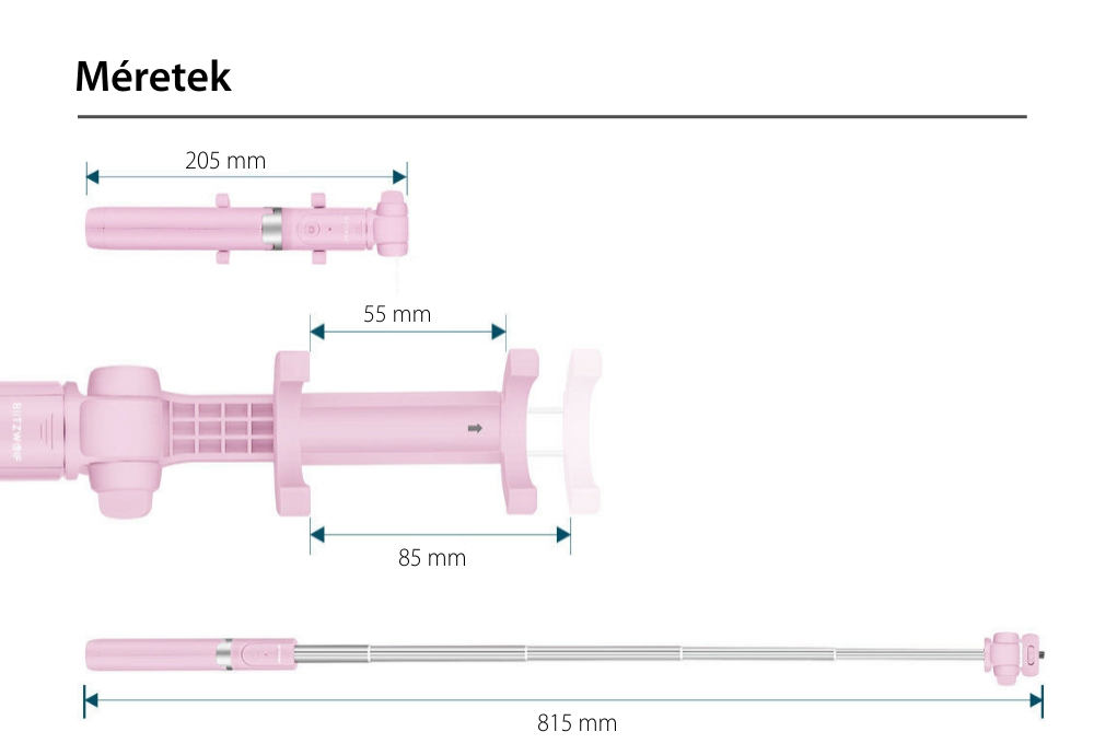 Szelfibot BlitzWolf BW-BS5 Pink, Állvány, Multifunkcionális, 3 az 1-ben, Bluetooth, Távirányító