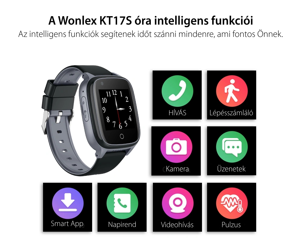 Wonlex KT17S Okosóra, GPS helymeghatározás, Pulzusmérés, Vérnyomás, Vér oxigén, Alvásfigyelés, Videohívás, Fekete